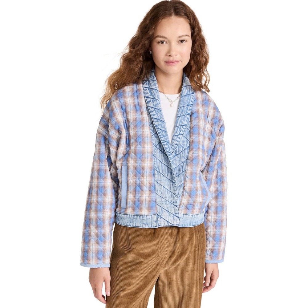 BlankNYC Quilted Plaid Kimono Jacket M • Gorpcore Denim Trim Puffer Barn Coat‎